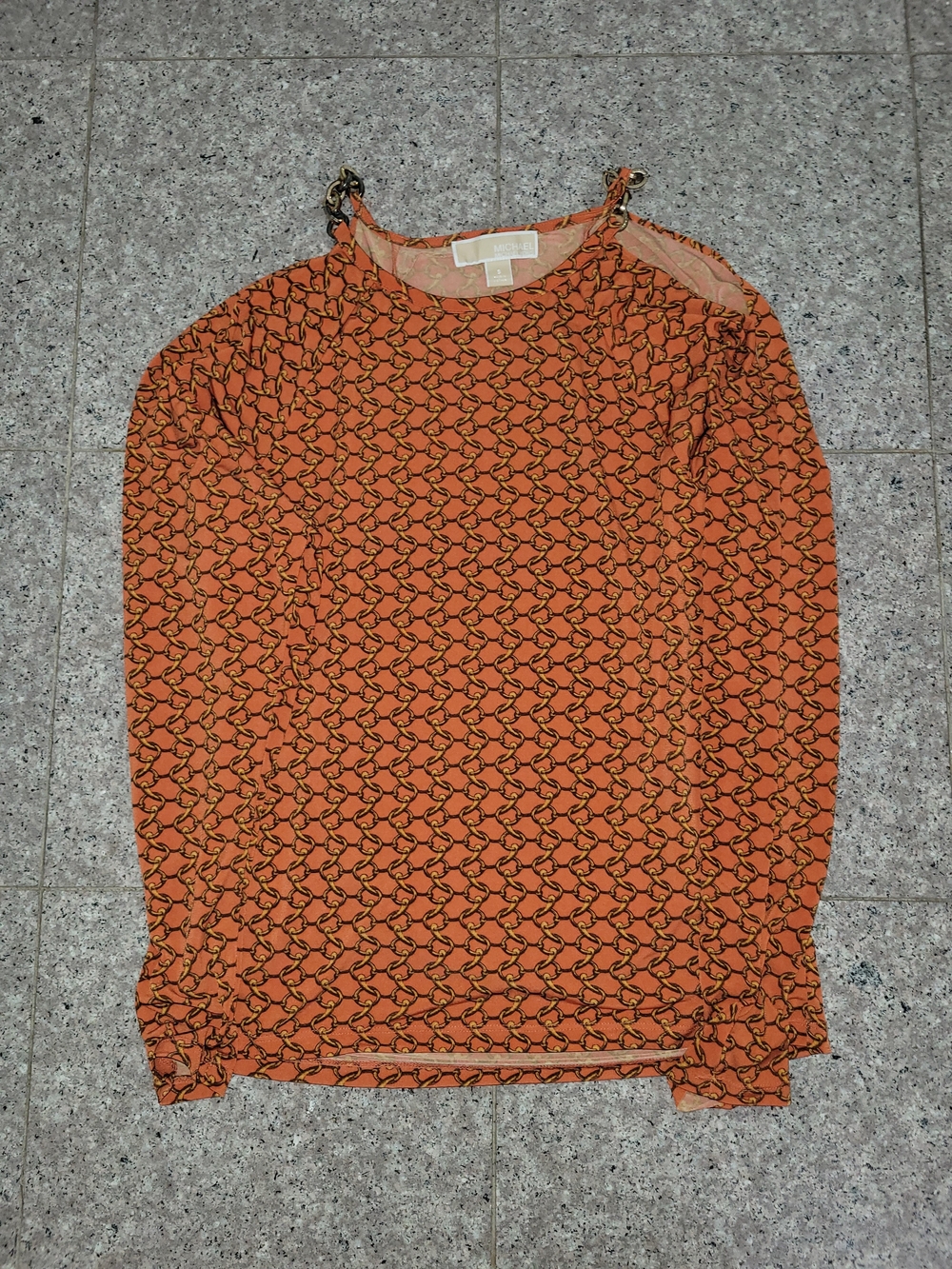 Michael Kors Orange Chain-Print Long Sleeve Top with Gold Accents Size Small